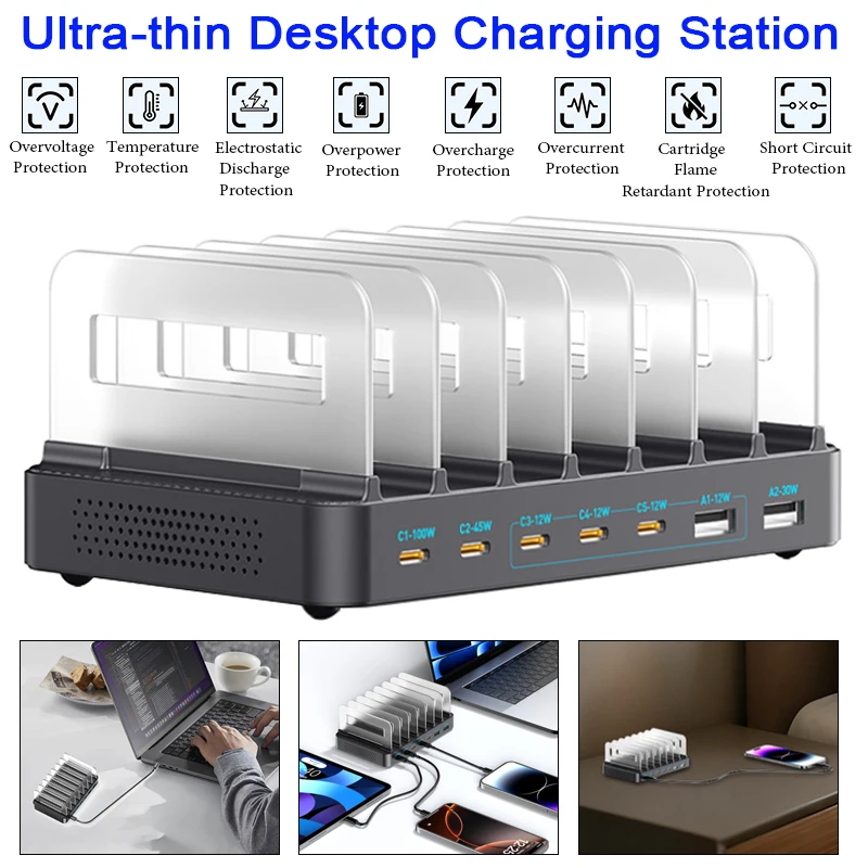 

Зарядная станция USB-C 288 Вт с 8 портами GaN, высокомощная настольная зарядка с выдвижным кабелем для планшетов, мобильных телефонов и компьютеров