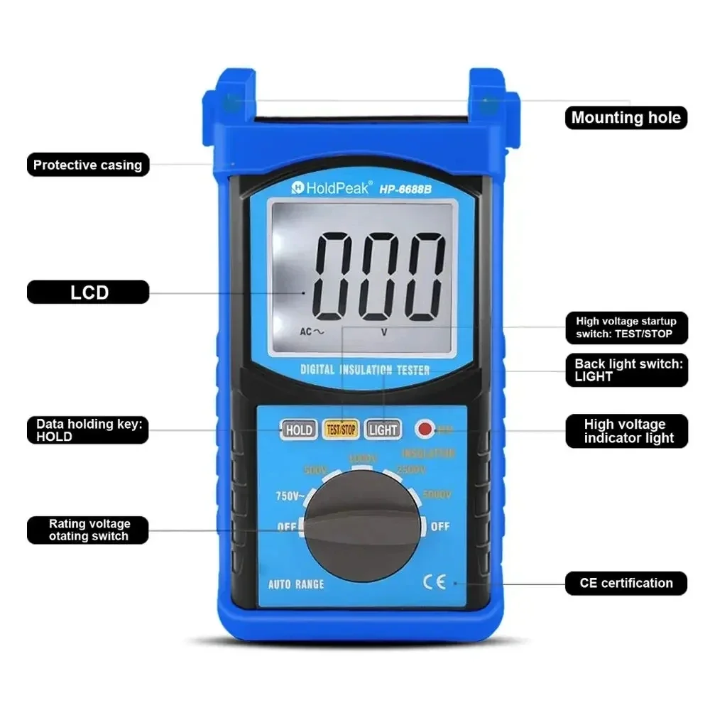 HP-6688B 200MΩ Insulation Resistance Tester Megometer Digital Handheld Meter 5000V Auto Range Insulated Anti-Magnetic