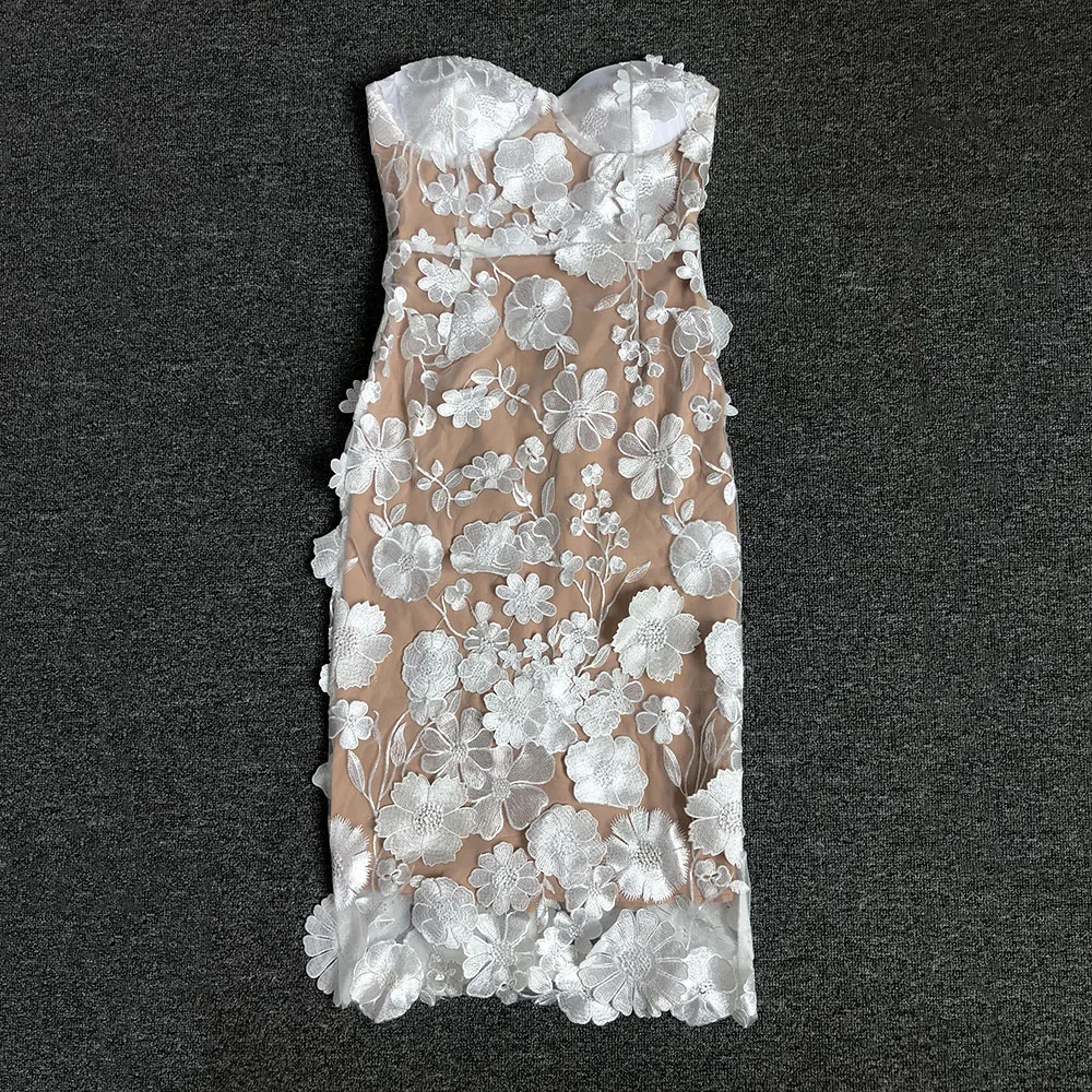 New Red Color Women Strapless Embroidery Flowers Bodycon Midi Bandage Dress Fashion Celebrate Birthday Evening Party Dress