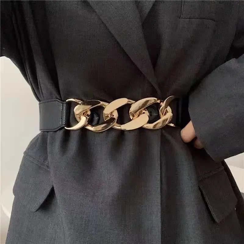 Black Adjustable Elastic Belts for Women with Metal Chain Waist Strap for Dress Jeans