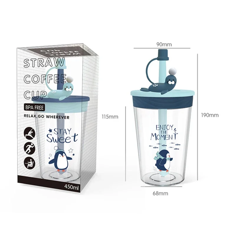 Botol Air Lucu untuk Anak Perempuan 450ml, Botol Minum untuk Perjalanan Luar Ruangan, Mendaki, Bebas BPA, Botol Sedotan Kreatif Musim Panas, Gelas Air untuk Pelajar