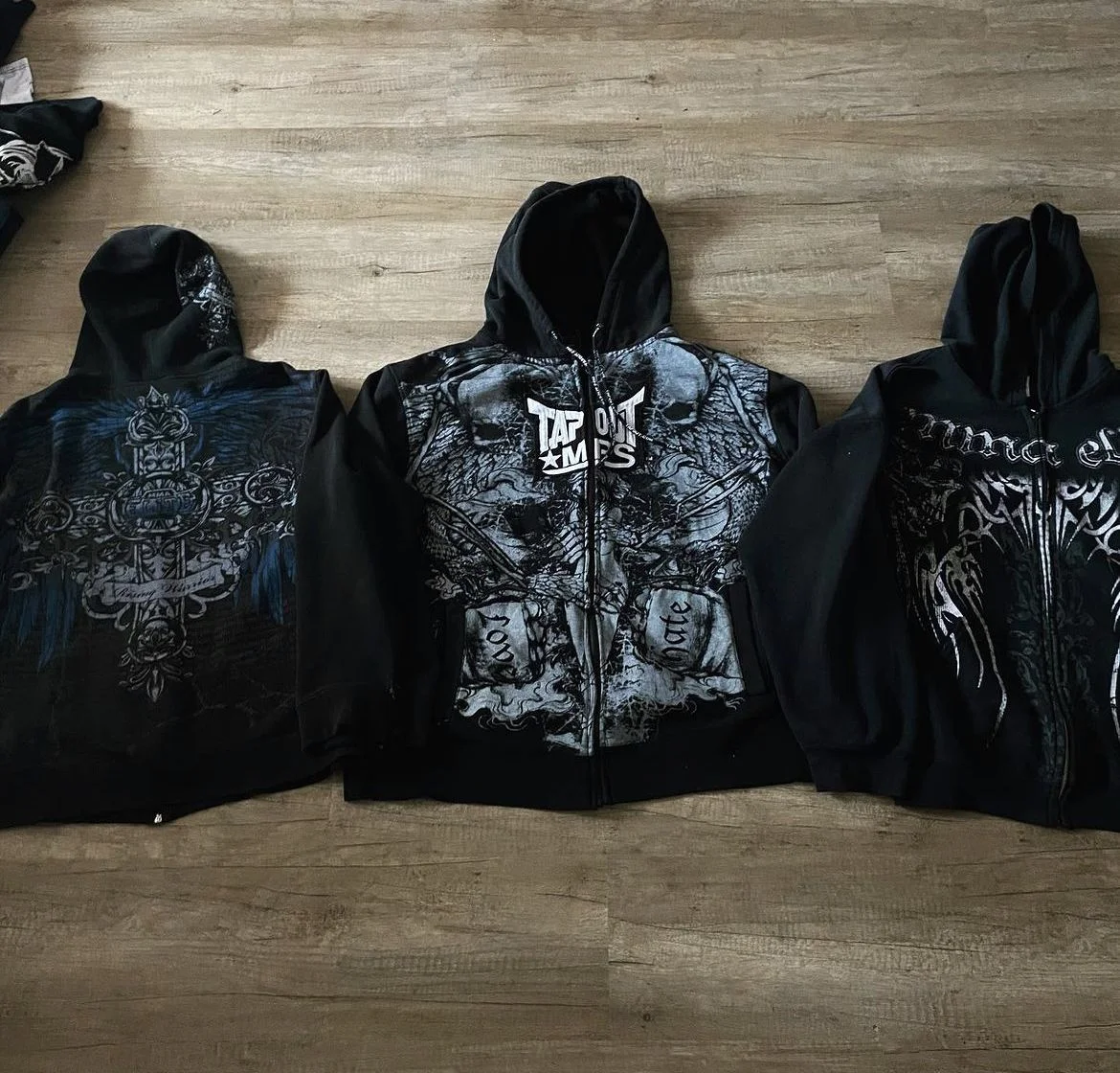 

Готические толстовки на молнии 90-х годов, череп, крест, крылья, графический принт, темная уличная одежда, черные толстовки с капюшоном, осенние топы унисекс