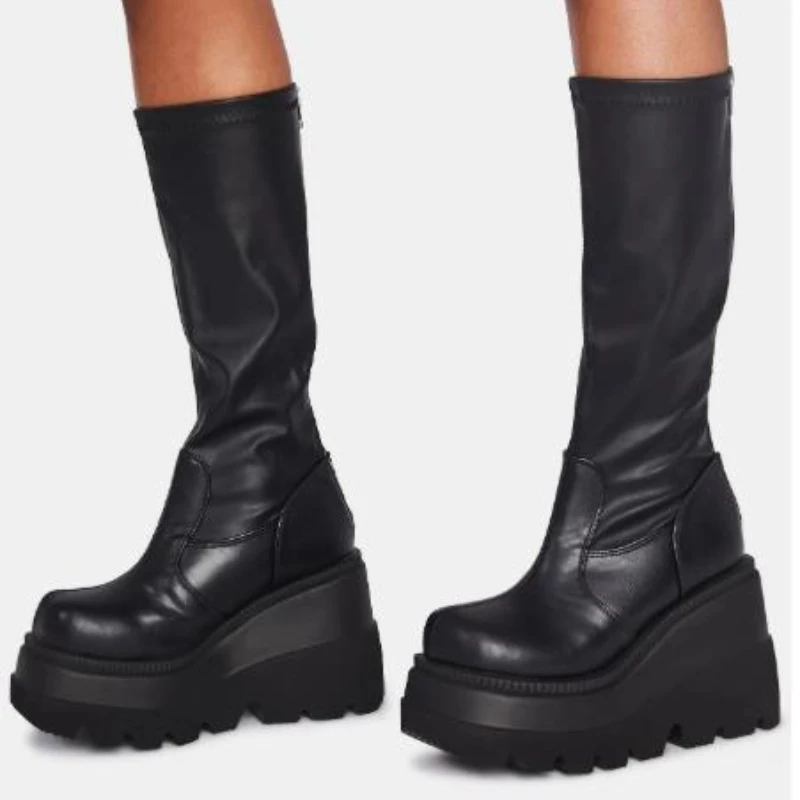 2026 Winter Ladies Slope Heel Boots High Top Antislip Shoe New Fashion Thick Bottom Boot Gothic Style Comfort Casual Women Shoes