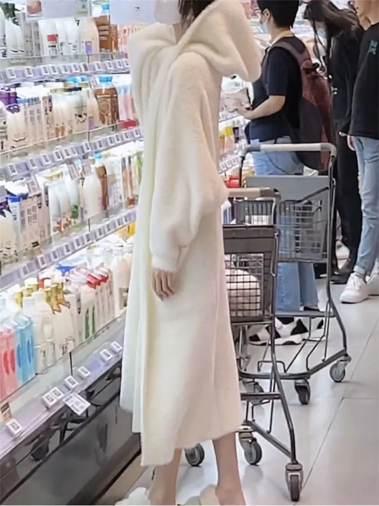 Thickened Faux Fur Knitted Open Cardigan Coat Women\'s Gentle Lazy Style Knee-Length Long Hair Coat Autumn Winter Outerwear