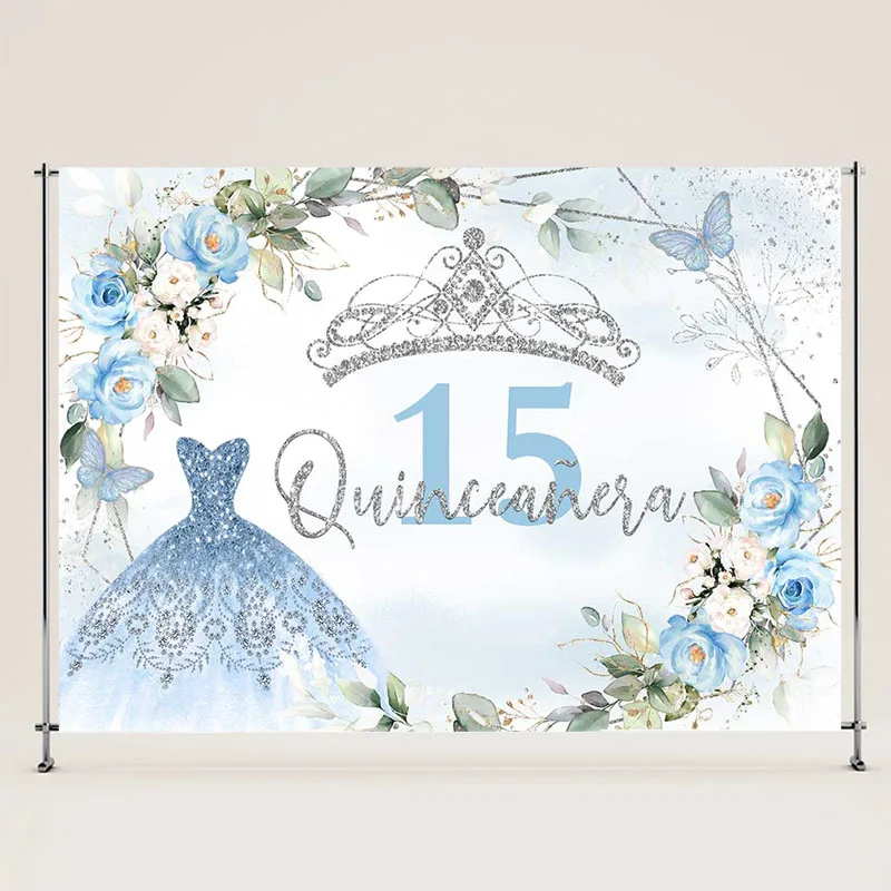 성인식 15 번째 생일 배경, 15 번째 생일 파티 장식, 블루 실버 꽃 왕관, 나비 배너 사진 배경