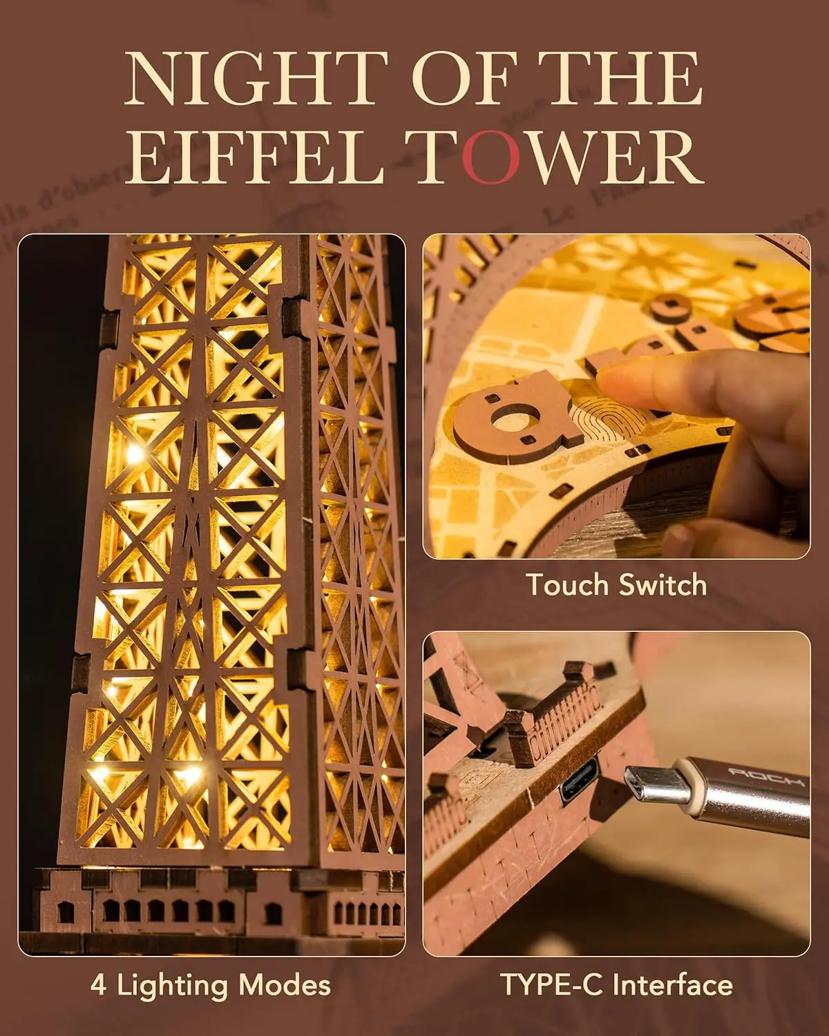 Robotime Eiffel Tower 3D Puzzle kit with Lights Wooden Model Building Kit for Adults and Kids