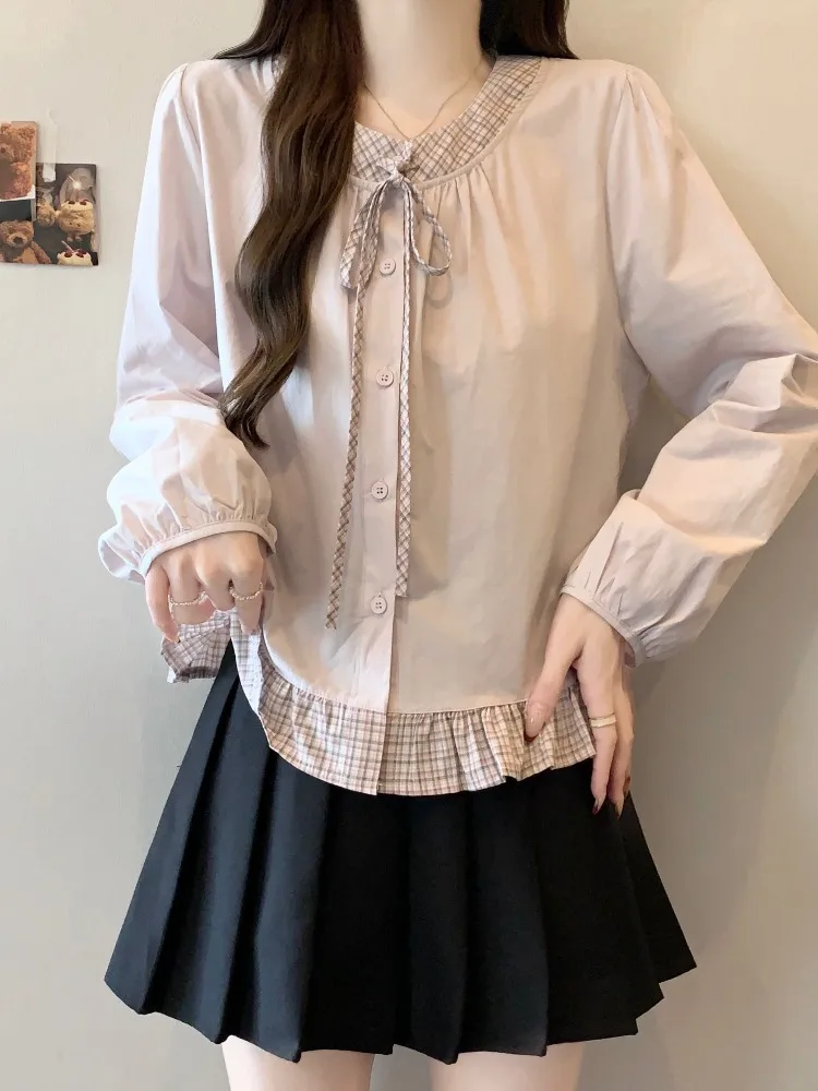 

Французская клетчатая блузка с вставками для женщин, весенняя, больших размеров, для полных женщин, с дизайнерским акцентом, в стиле кукольного платья, топ, придающий элегантность, скрывающий живот