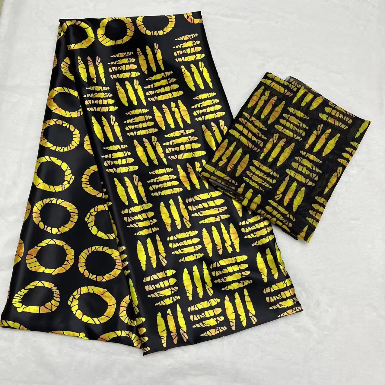 Latest 4yards African Wax Pattern Satin Silk Fabric with 2yards Chiffon Material Set For Women Dress 4+2yards Silk Set M1127-4