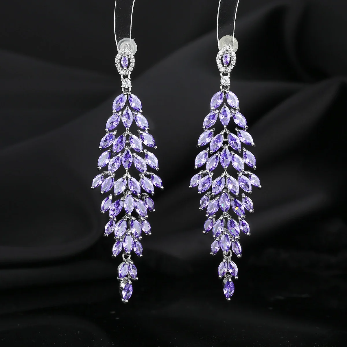 

S925 Sterling Silver Purple CZ Leaf Earrings, Paved Cubic Zirconia Long Dangle Earring, Chic Wedding Banquet Accessory