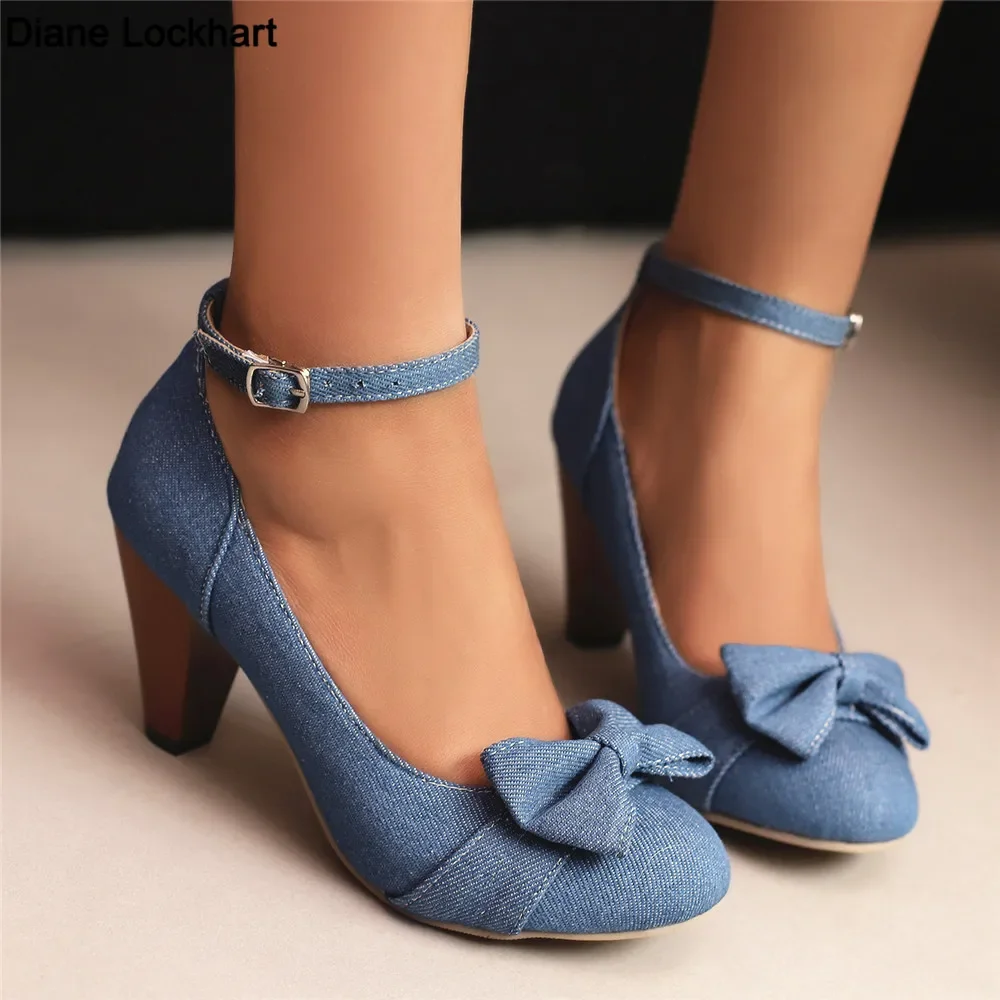 

2024 Spring Summer Ladies Shoes Denim Pumps Ankle Strap Buckle Fashion Women Spike Heels Bow High Heels for Office Party Banquet