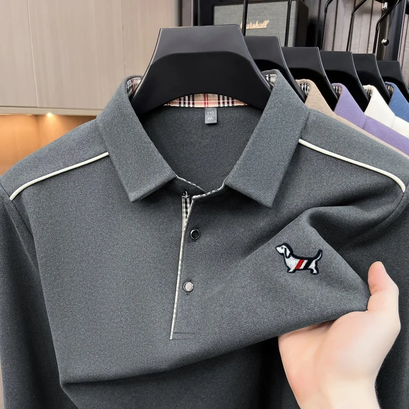 Luxuriöses Herren-Poloshirt mit Stickerei-Print, Herbst-Neuheit, einfarbig, langärmelig, mit Kragen, Business-Casual-Herrenbekleidung – Detail 11