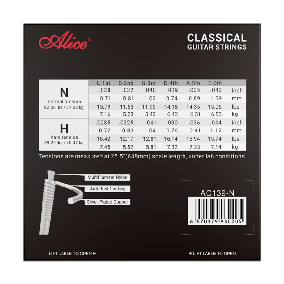 Alice AC139 Classical Guitar Strings Titanium Nylon Silver-plated 85/15 Bronze Wound 028 0285 inch Normal and Hard Tension