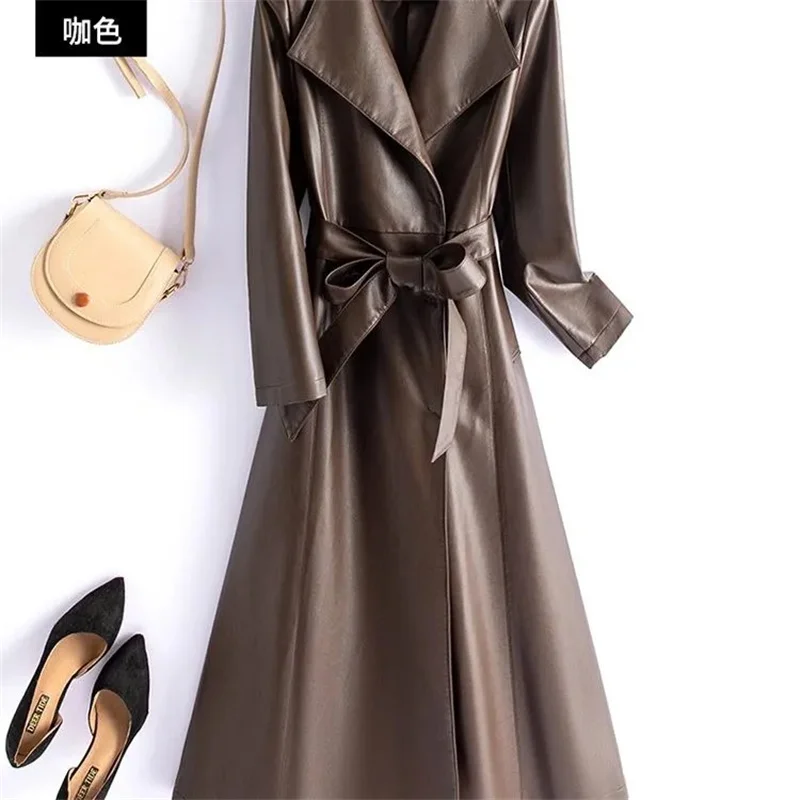 Autumn Winter New High Quality PU Leather Coat Women medium to long Slim Suit Collar Leather Jacket Female's Windbreakers Coat