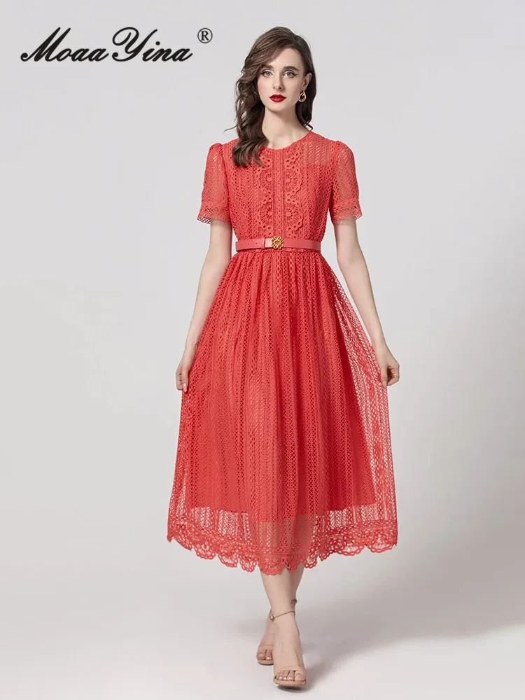 

MoaaYina 2024 Summer High Quality Women Dress Vintage Elegant Solid Color Hollow Out Embroidery Sashes Temperament Dresses