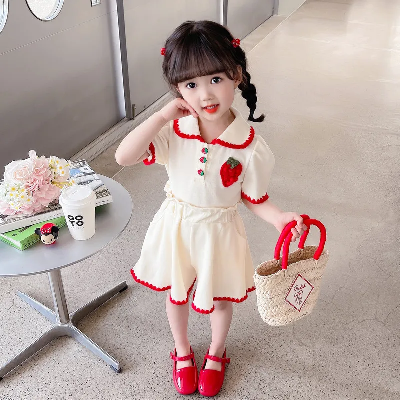 Summer Baby Girl Clothes Set Kid Lapel Tshirts and Shorts 2 Pieces Suit Children Strawberry Top Bottom Outfits Tracksuits