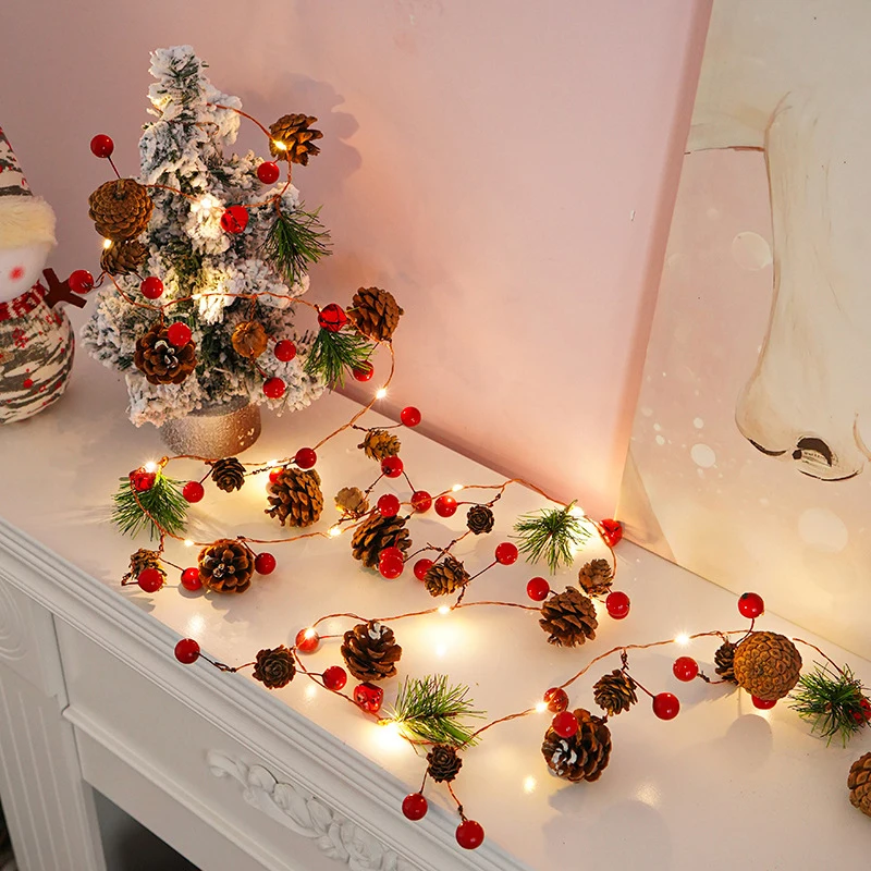 20 LEDs String Lights, Red Berry Pine Cone Garland Lights, Christmas Decorations for Home, Garland for Home Decor