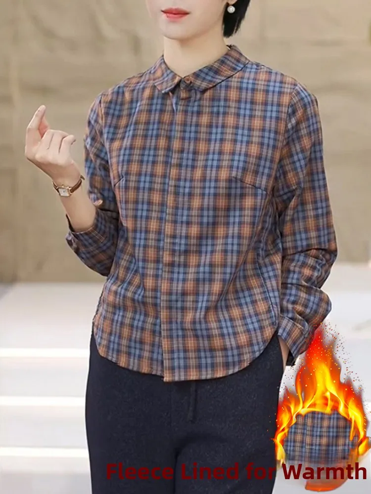 

Faionable Plaid Long Sve Women's irt Winter New Arrival Luxury Lightweight Thiened Fce Collar Button up Casu...