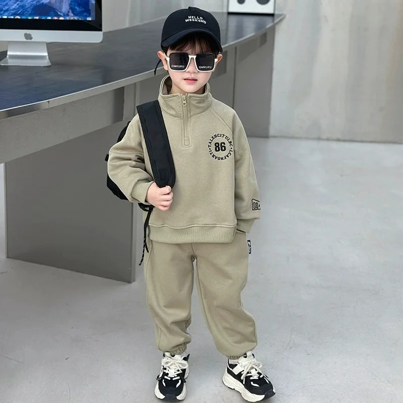Children's Sportswear Set, Boys' Stand Collar Letter Print Set, New Spring/autumn Style, Kids' Loose Fit Casual Two-piece Outfit