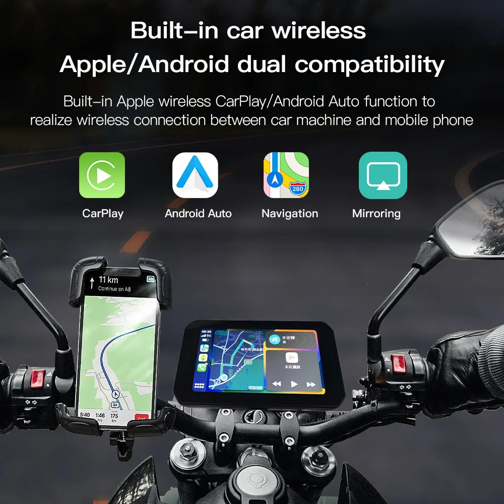 5 Inch Portable Navigation Motorcycle GPS Waterproof CarPlay Display Motorcycle Wireless Android Auto IPX7 Driving recorder TPMS