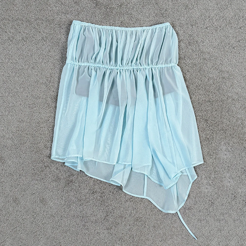 Women Chiffon Mini Skirt High Waist Elastic Gathered Drawstring Irregular Hem Flowy A Line Short Skirt Beach Vacation Skirt