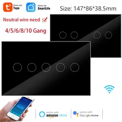 Tuya WiFi Smart Switch 4/5/6/8/10 Gang Light Switch Need Neutral Wire 147*86cm Smart Life APP Control Support Alexa Google Home