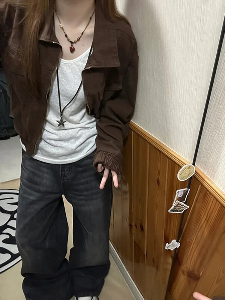 Retro Brown ort Denim Jaet Damen Frühling Herbst Lose High Street Kleine Größe Jaet Top Pendeln Sle Reißverschluss