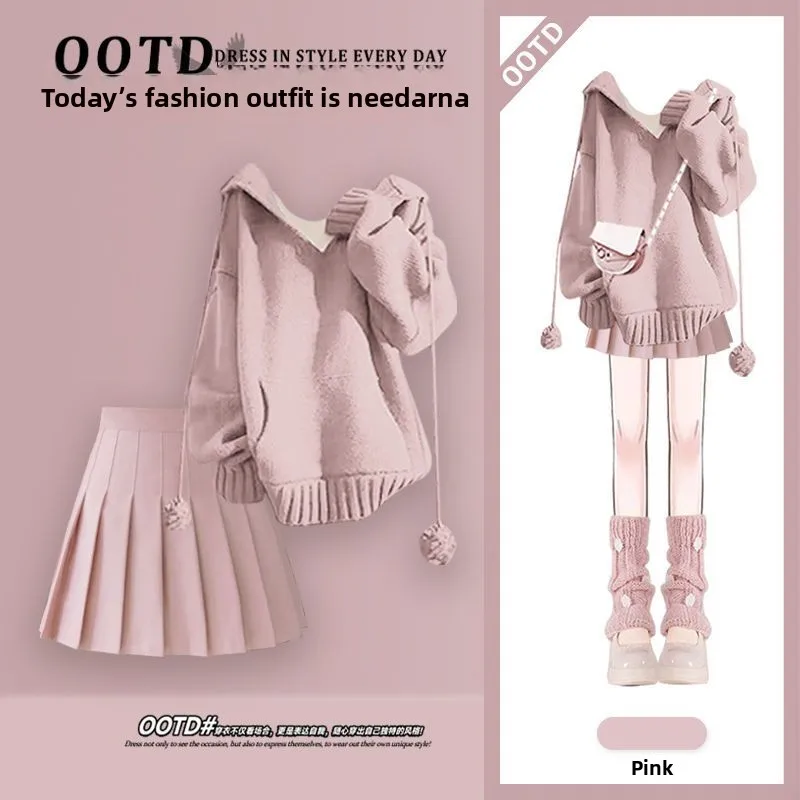 الشتاء محبوك سترة وتنورة مجموعة للنساء لطيف لينة الكورية Sle قطعتين فرقة طويلة Sve التخسيس ألف خط تنورة