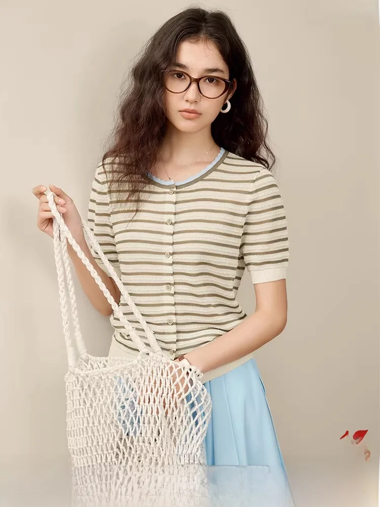 

Женский приталенный кардиган из трикотажа в полоску с круглым вырезом и рукавом реглан, из эластичного волокна, стандартной длины рукава