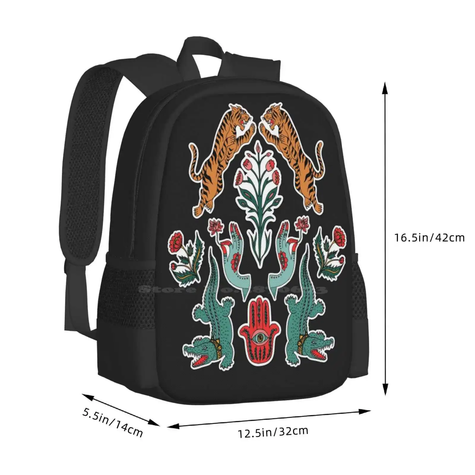 Indian Inspiration Pattern Design Bagpack School Bags Indian Tiger Boho Alligator Ethnic Flower Lamp Snake Yoga Patch Hand Hamsa