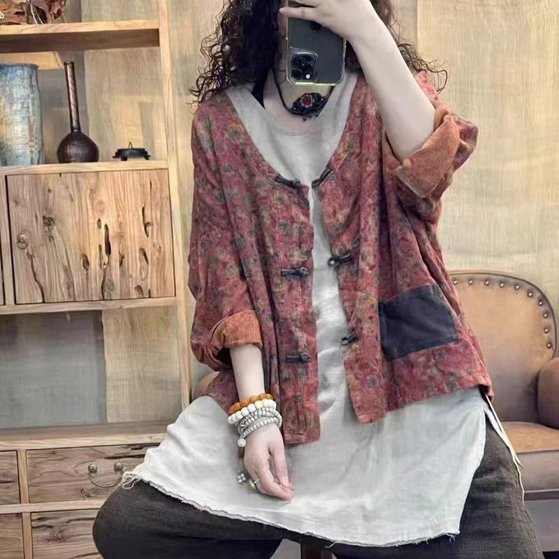 

Spring Summer Arts Style Women Long Sleeve V-neck Loose Shirt Vintage Knot Button Flower Print Cotton Linen Shirt Good Quality
