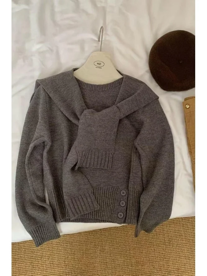 Sweet Korean Sle Yellow Knitted Sweater with Navy Collar for Women Spring New Arrival oulder awl Fake Two-Piece Top
