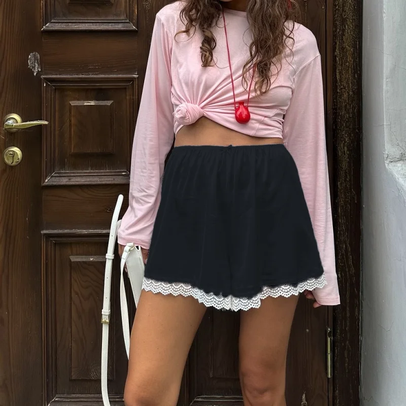 

Атласные шорты для отдыха с кружевной отделкой, женские трусики с высокой посадкой Y2k, шорты, удобные шелковистые пижамные штаны, женские шорты для сна