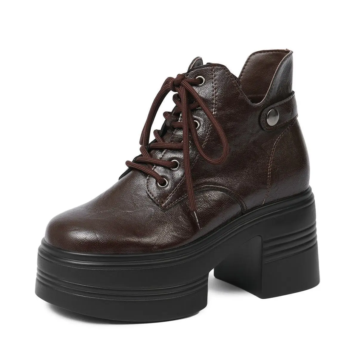 

2025 9cm inner height increase women's spring and autumn single boots thick soled British style brown short boots small size