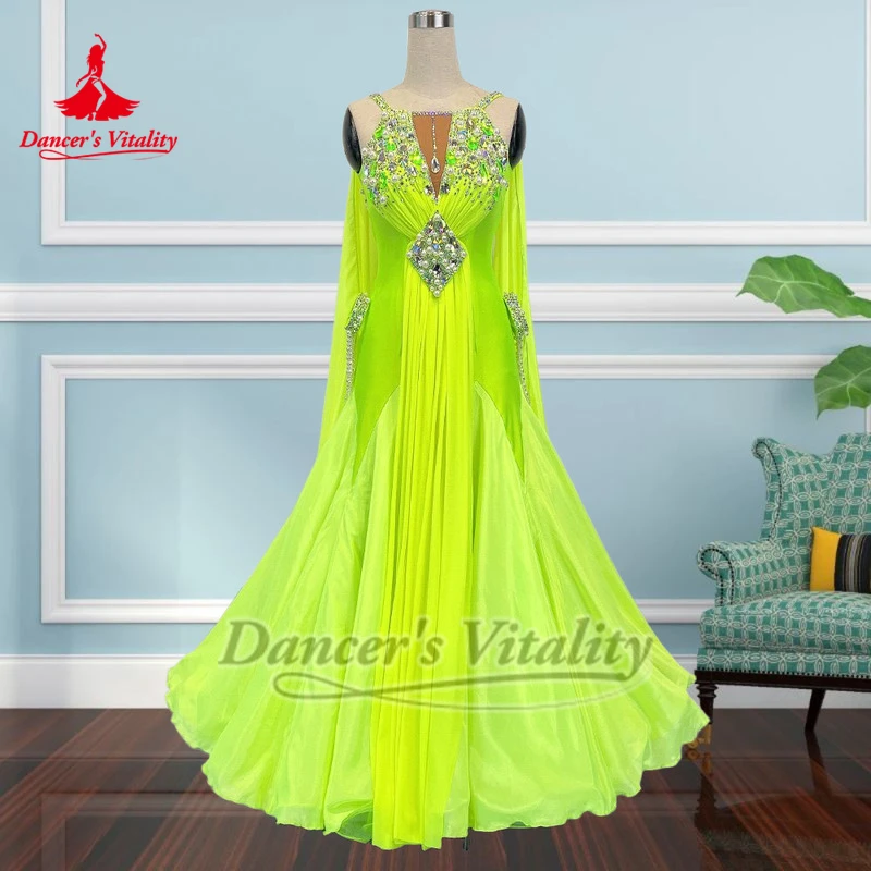 성인용 볼룸 포크스트롯 형광 노란색 민소매 백리스 럭셔리 드레스 맞춤형 왈츠 탱고 댄서 의상 댄서의 활력