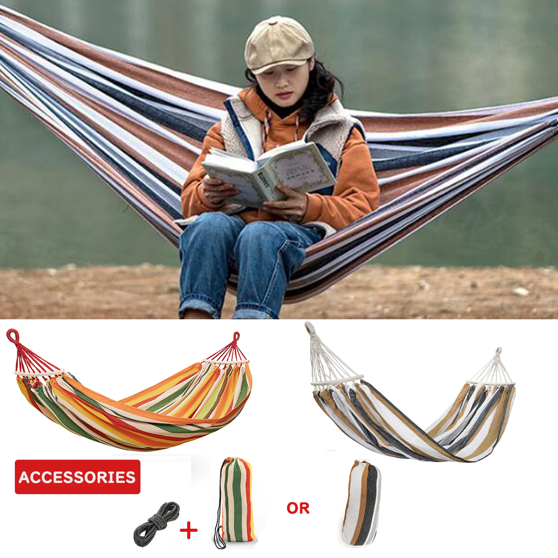 Outdoor Canvas Camping Hammock 270*150cm Upgraded Thickened Hammock With Two Anti Roll Balance Beam Hanging Chair Garden swings