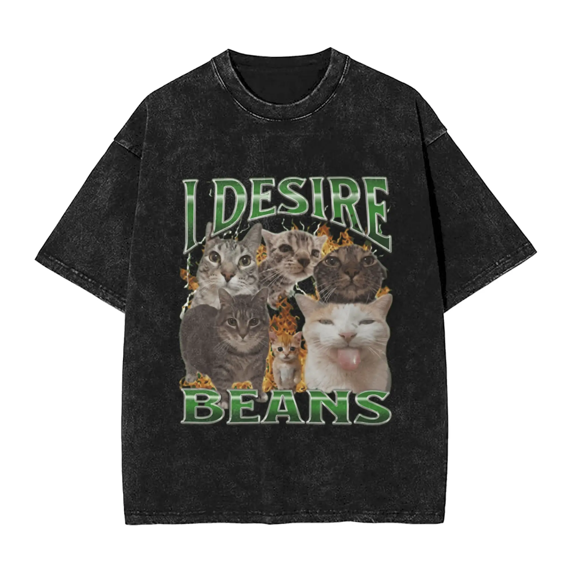 I Desire Beans Funny Cat Meme Vintage 90s Bootleg Rap Tee A T-Shirt Oversized Short Sleeve Men's Women's Cotton Tees Tops