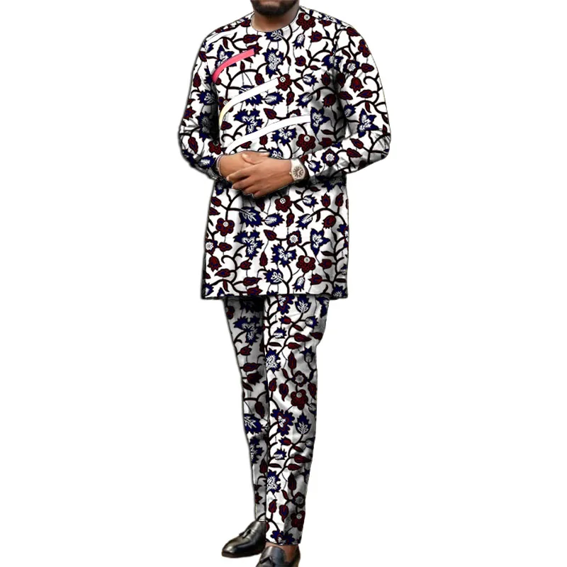 Long Sleeves African Clothes Men Set Nigerian Style Colorful Stripe Patchwork Tops With Pant Groom Suit Male Traditional Outfit