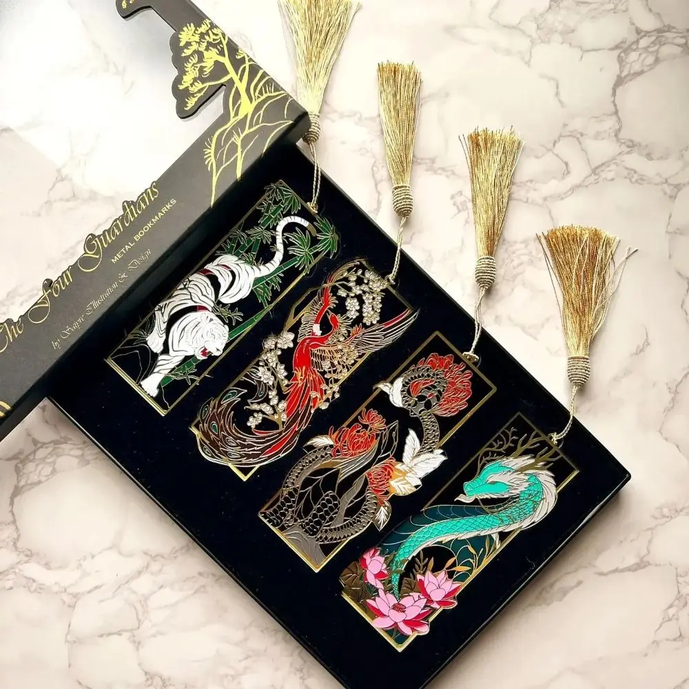 Chinese style Four Mythical Beast Bookmarks Retro Metal Hollow Out Books Support Craft Page Holder Stationery