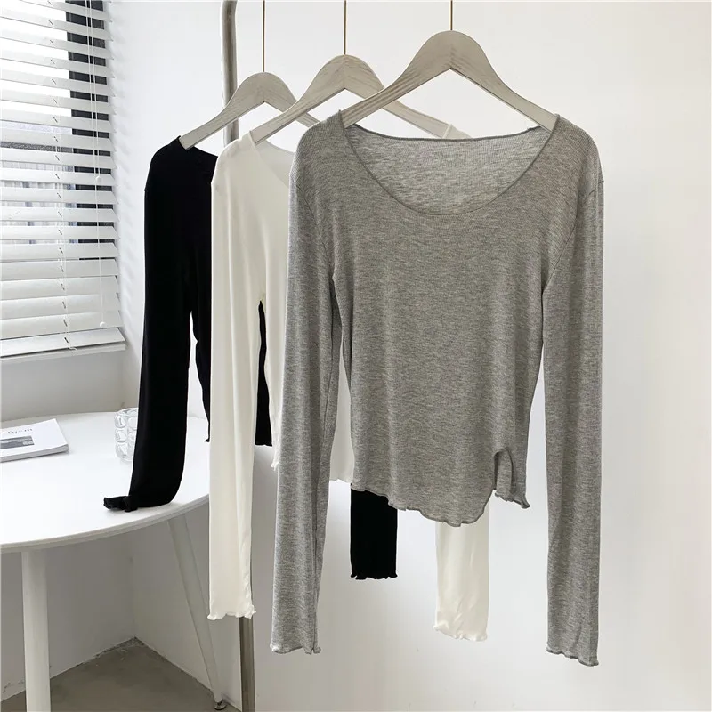 

Ultra-Thin Long Sve round Ne T-irt Women's Clavicle mat Dry T-irt Korean Sle Commute Wind irt
