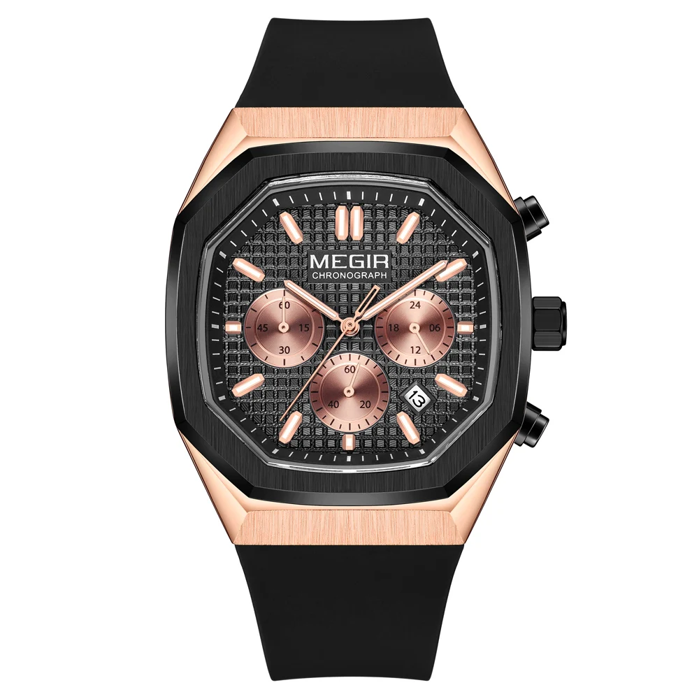 MEGIR Octagon Dial Silicone Strap Watch for Men Casual Yellow Chronograph Quartz Male Student Wristwatch with Date 24-hour 2215