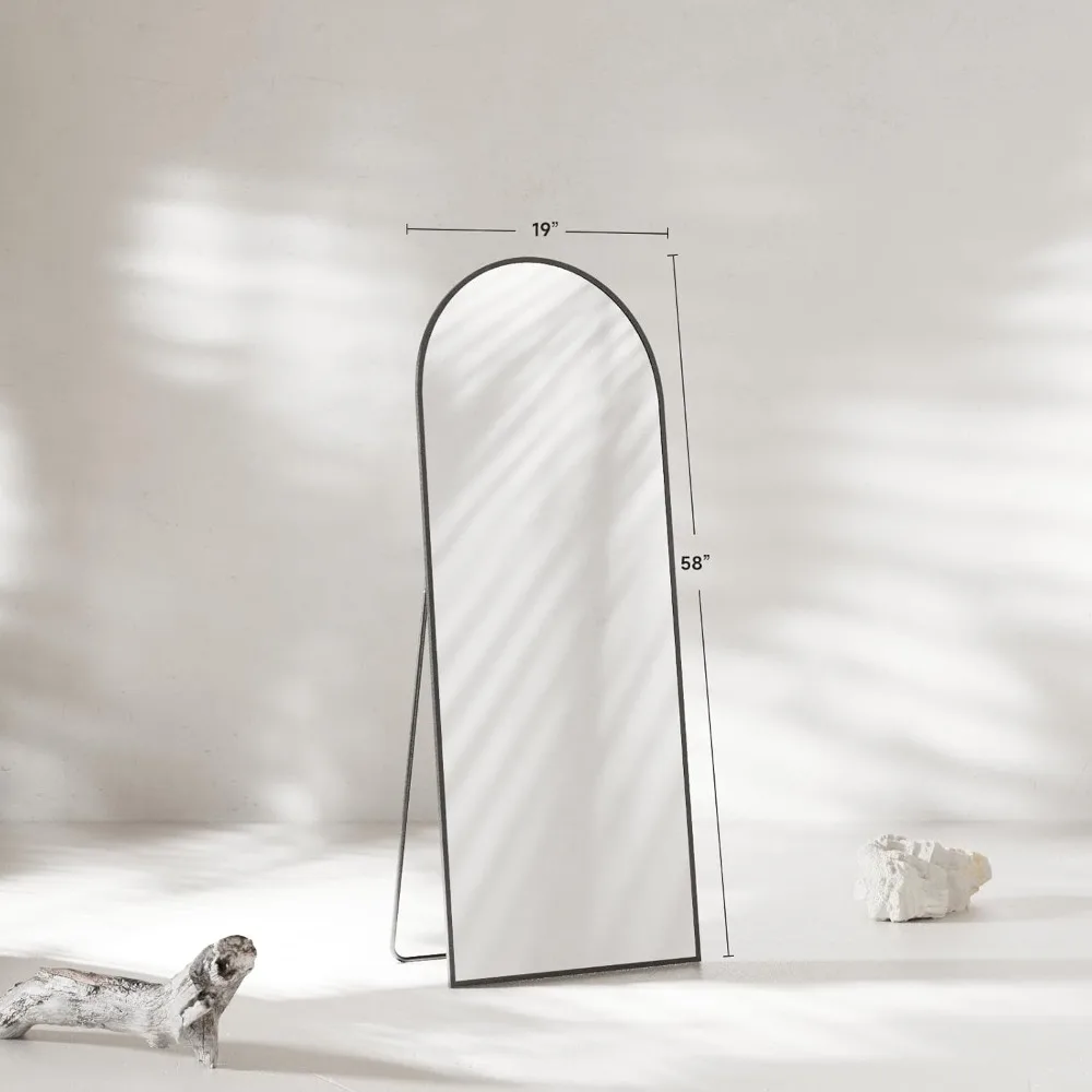 Large Floor Standing Arched Mirror, 58x19 Inches Black Tempered Glass Wall Hanging, Body Length Mirrors with Aluminum Stand for