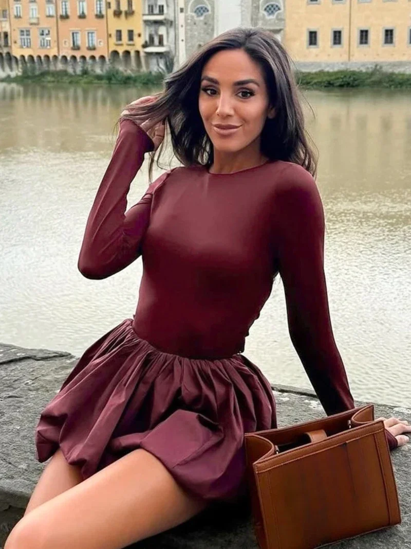 Fashion Backless Mini Bubble Dress Women O-neck Long Sleeve Crop T-shirt+Short Skirts 2 Piece Sets Wine Red Party Streetwear Y2K