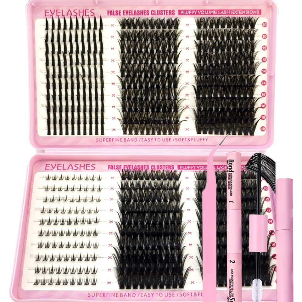 Kit de extensiones de pestañas DIY de 60 filas, clusters individuales, estilos mixtos 10-18mm con bond y seal, herramienta de maquillaje 4