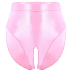 Glossy Open Crotch Women Men Tight Satin Lingerie Panties Plus Size Underwears Sexy High Waist Briefs