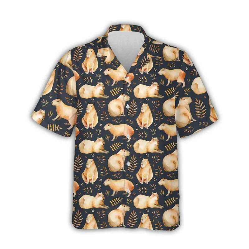 Kawaii Capybara Patroon Shirt Heren 3d Bedrukt Hawaii Aloha Strand Heren Shirt Met Korte Mouwen Cool Top Revers Shirt