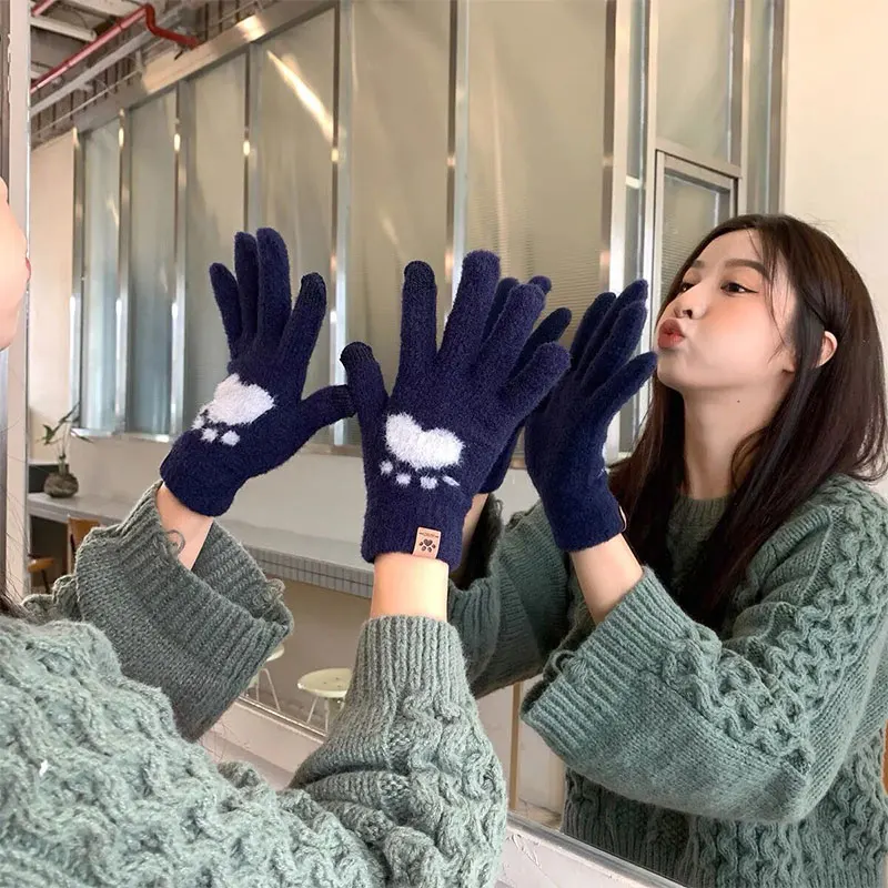 Winter Cat Paw Warm Connected Finger Knitted Thick Women's Soft Full Finger Gloves Winterize Kawaii Yk2 Accessories Lolita Items