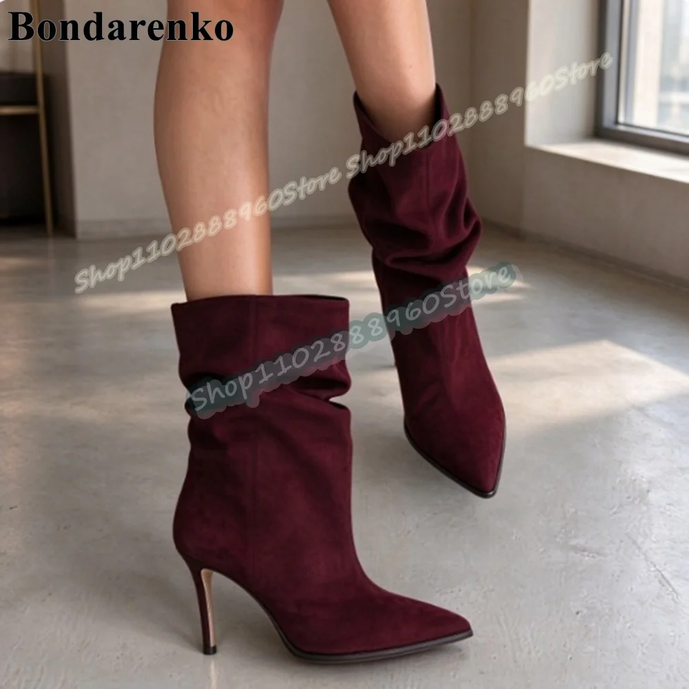 Mid Calf Burgundy Flock Ruffled Boots Stilettos High Heel Women Shoes Slip On Pointed Toe Casual Fashionable Zapatos Para Mujer