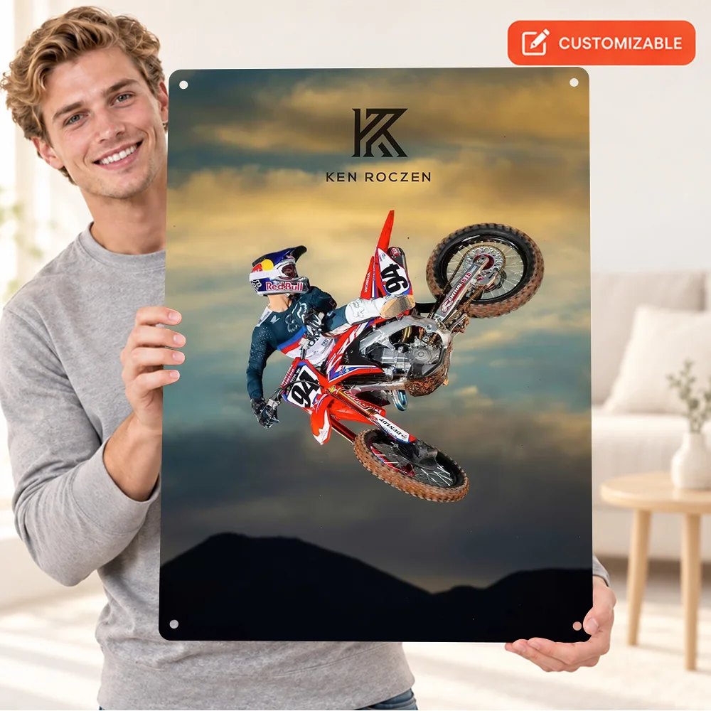 Ken Roczen Motocross Jump Textured Metal Poster Personalized Aluminum Sign Vector Portrait Illustration Wall Art For Workshop