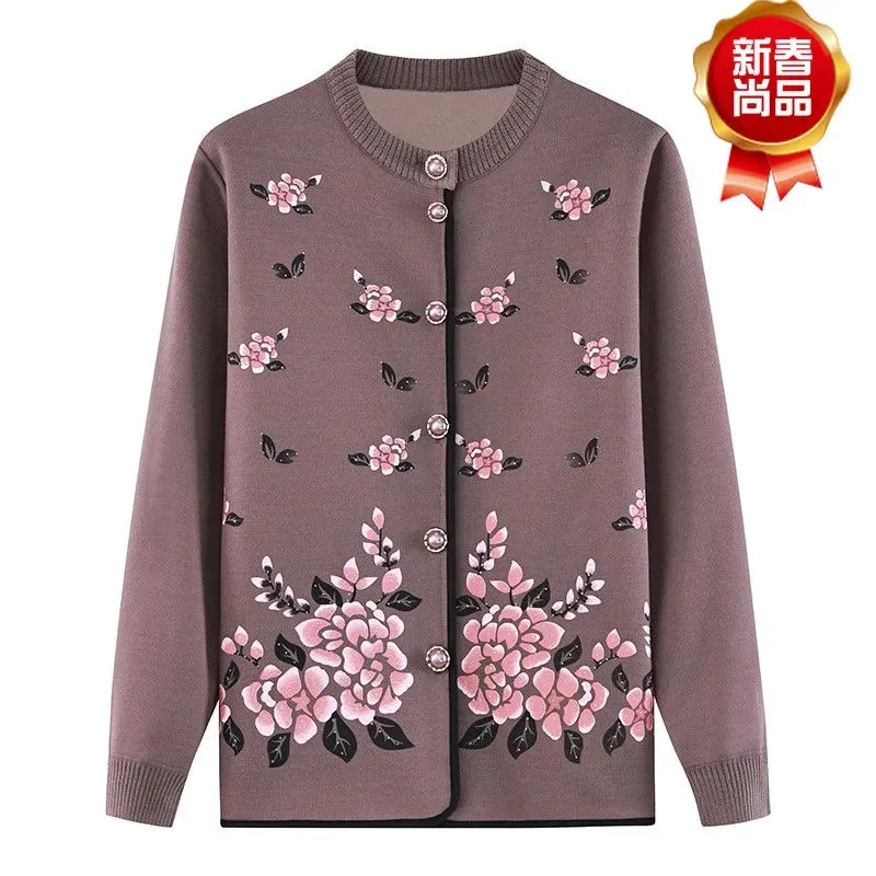 One Piece Fleece Middle-Aged Elderly 2022 New Spring Autumn Winter knitting Coat Cardigan Sweater Grandmother Thick Jacket