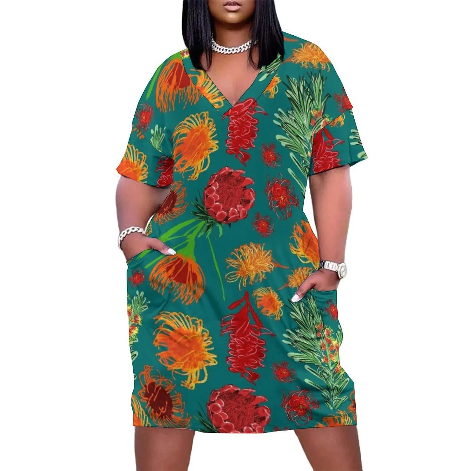 Australian Native Floral Pattern Loose Pocket Dress women